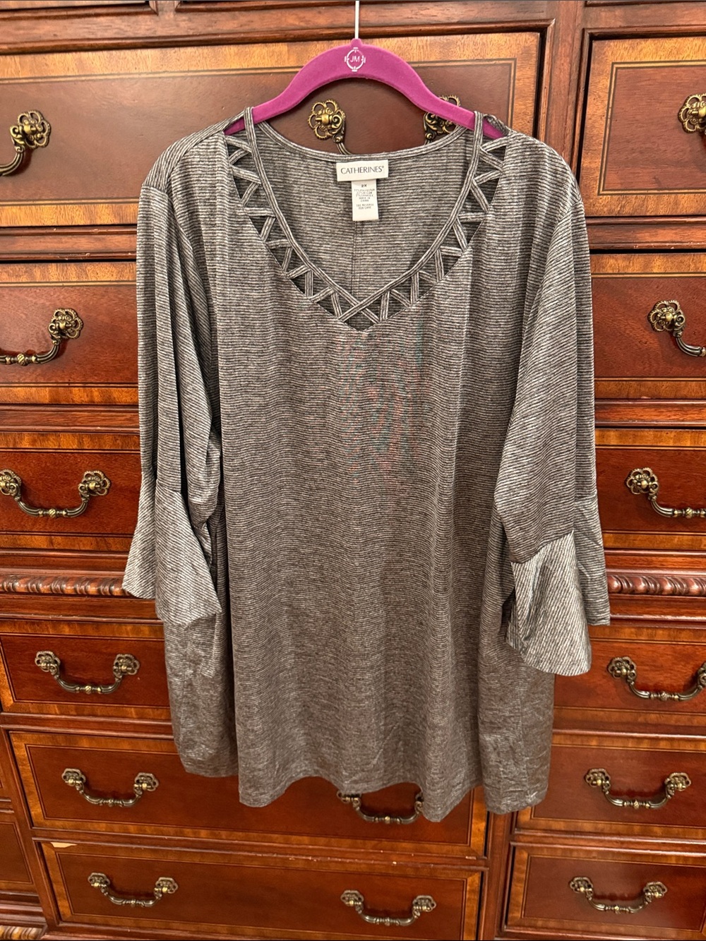 Catherines Heather Gray Lattice V-Neck Tunic with Flared Cuffs